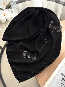روسری مزونی پارچه درختی فول سنگ دوزی نگین کوب جت بلک (اورجینال چین) — تصویر ۷